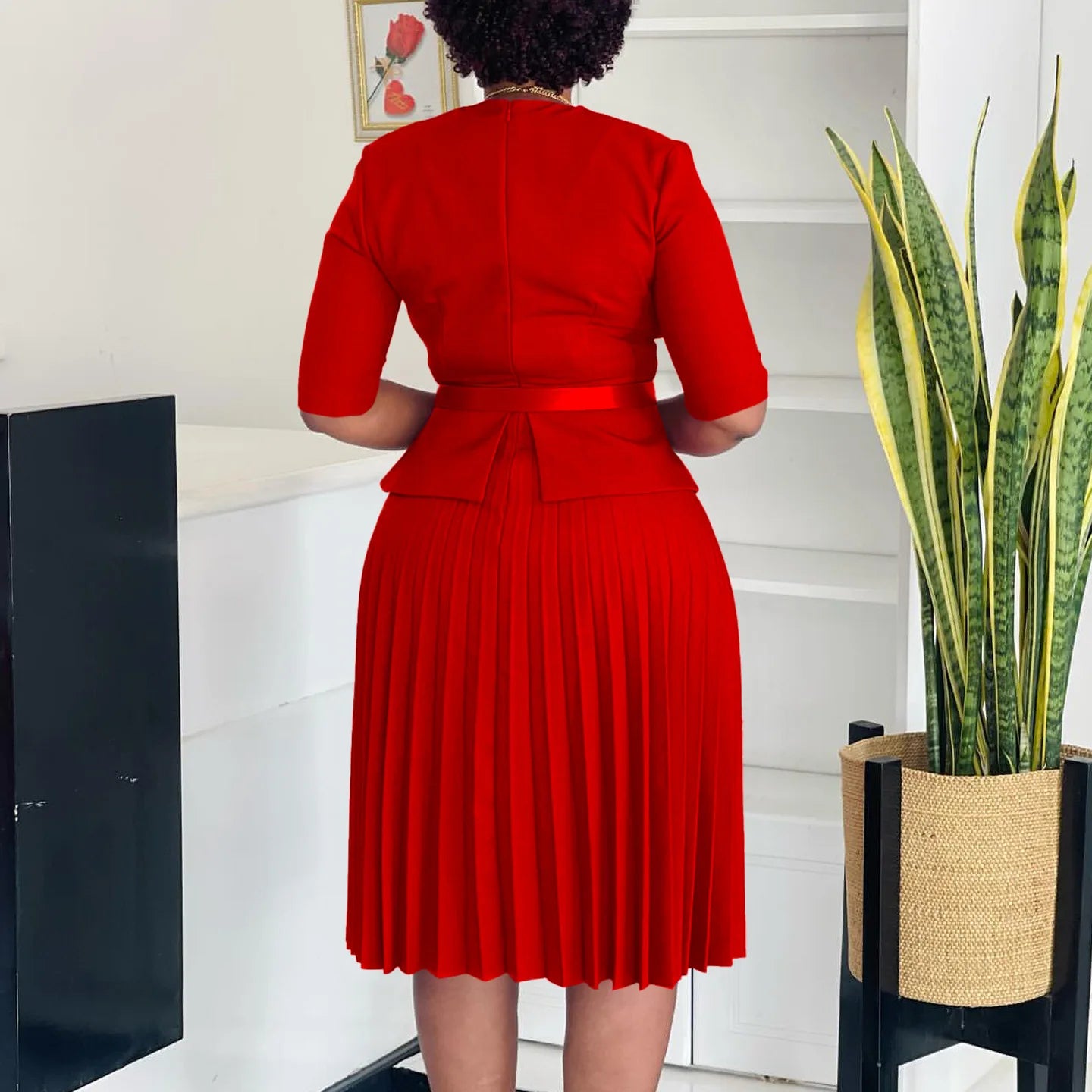 Liz's Plus size, stylish, trendy, Pleated, Temperament, V-Neck, Midi, Office Dress