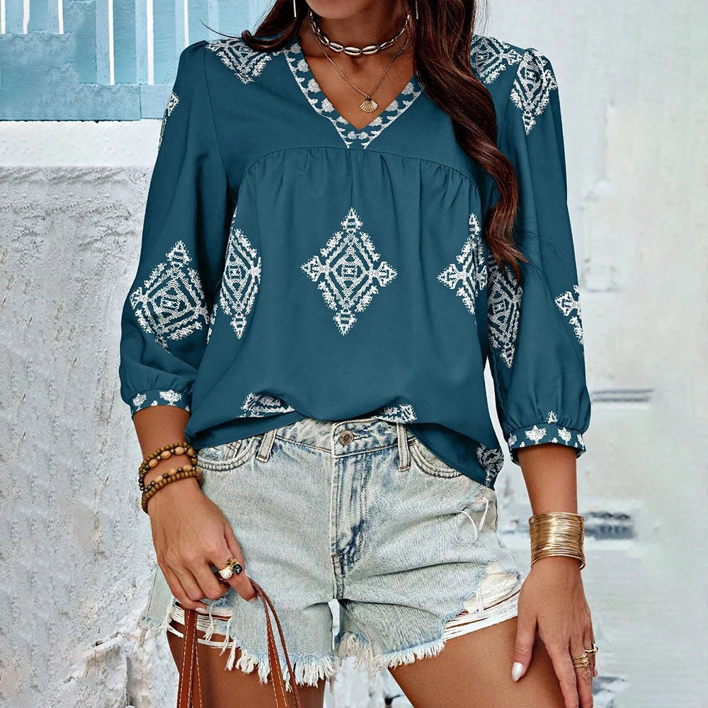 Emmy's Loose, Casual, Trendy, Stylish, Boho, Pullover, Printed Blouse