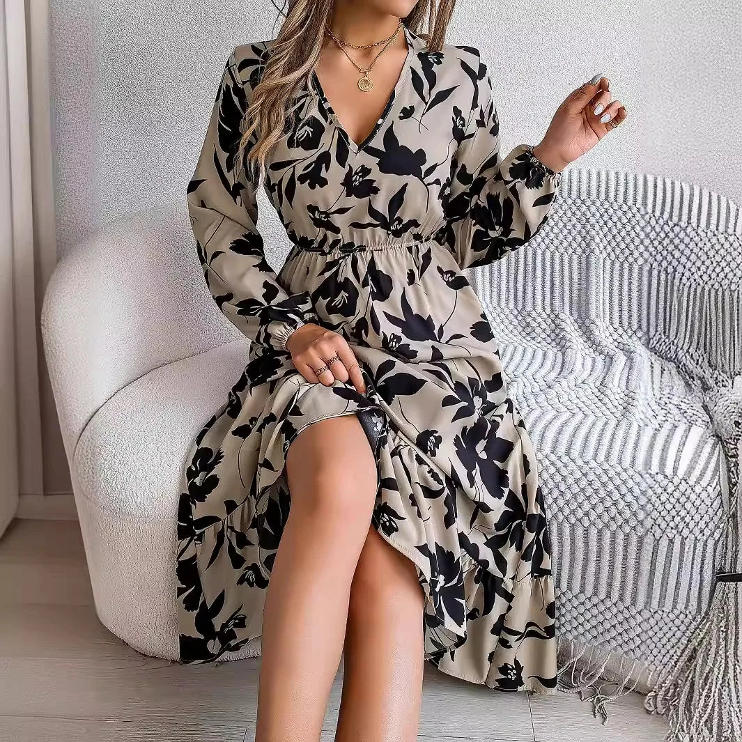Vienna's Floral Print, Trendy, Stylish, Vintage, Elastic Waist, Long Sleeves, Pullover, Robe, Midi Long Dress