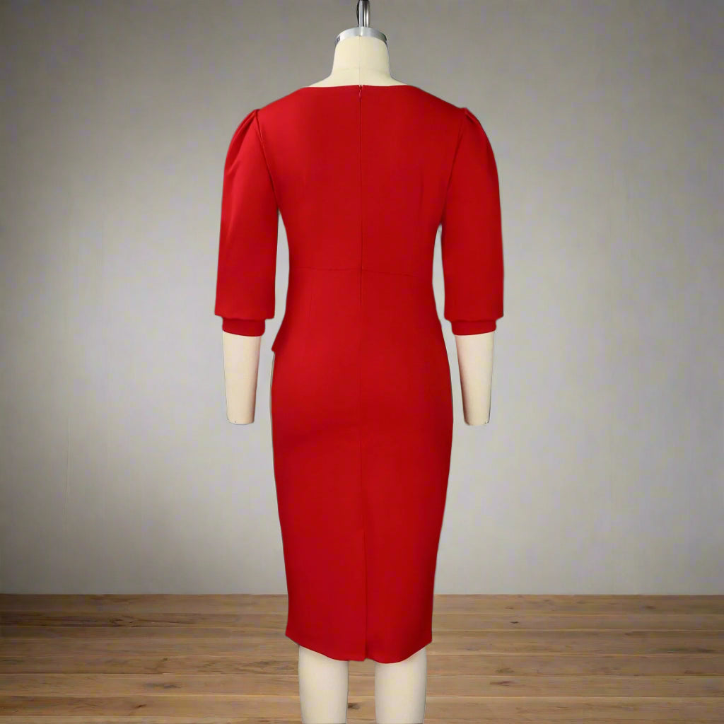 Huda's Sheath, Solid Color, Trendy, Stylish, Vintage, Midi, 3/4 Sleeves, Fit, Office Dress