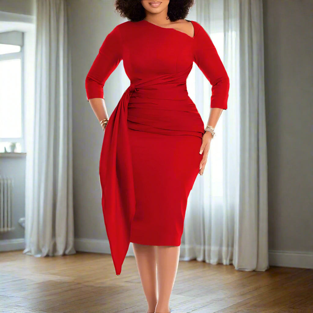 Yousra's Professional, Skew Neck, Sheath Profile, Sleeves, office Style, Midi Dress