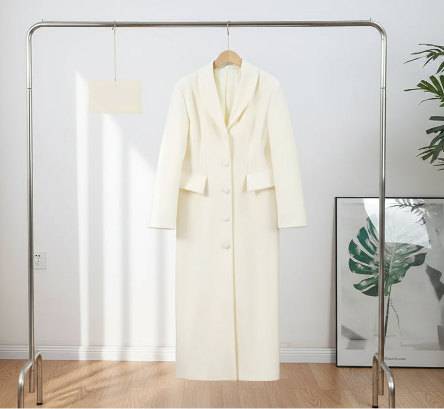 White coat hanging on a rack against a light gray wall with decorative elements.