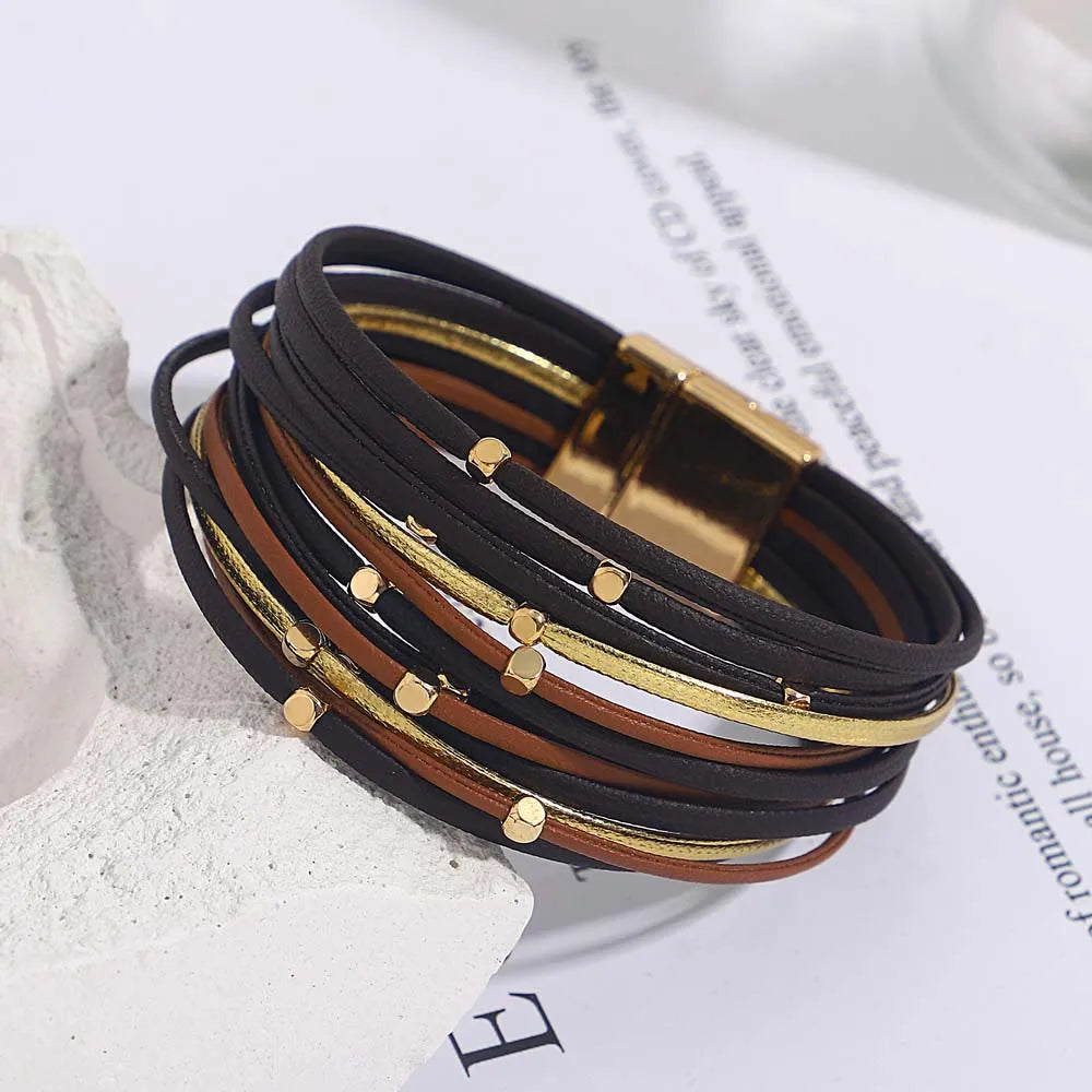 Tanya's Triple Color Leather Bohemian Metal Beads Multilayer Thin Strip Wrap Bracelets