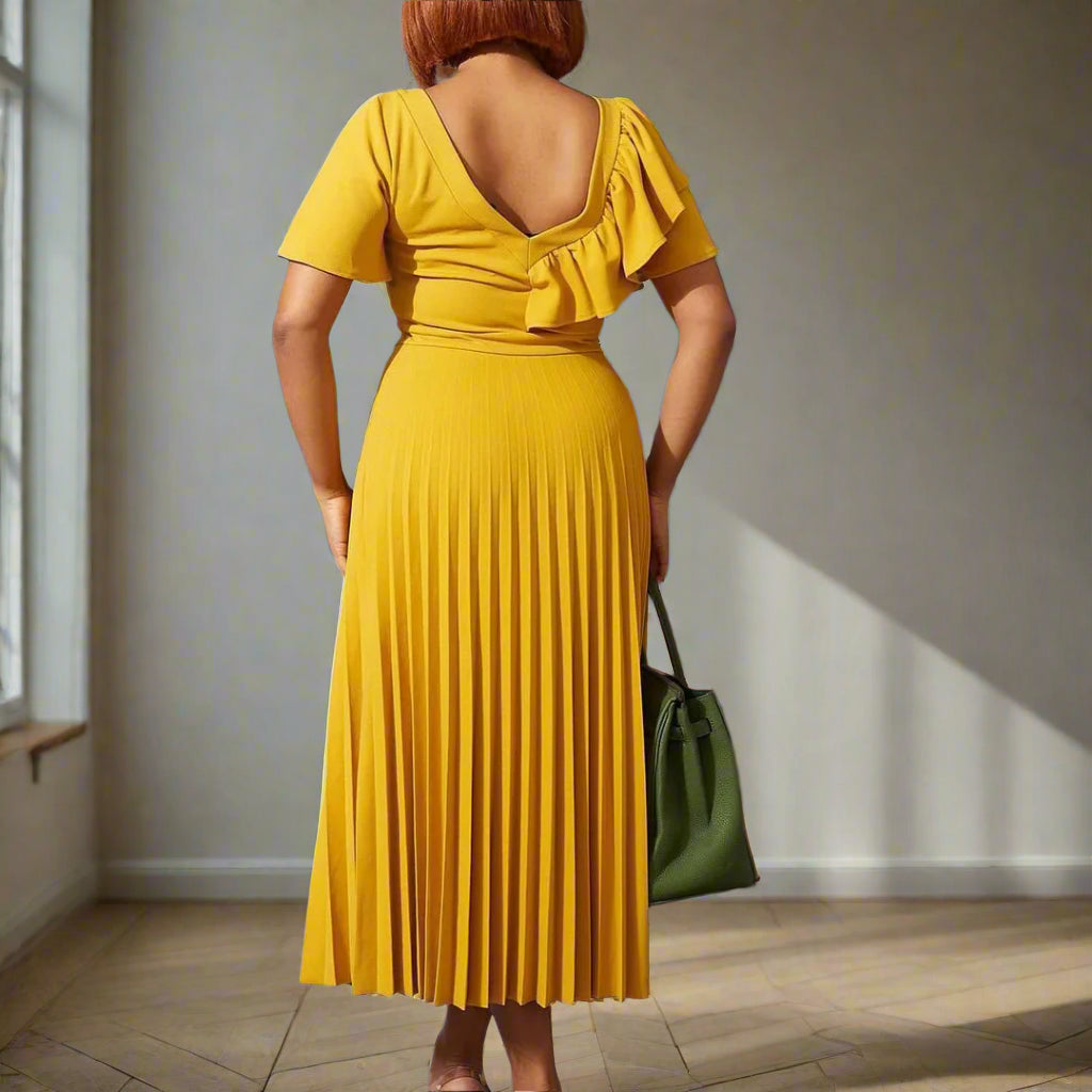 Dana's Pleated, stylish, Trendy, Vintage, Ruffles, short Sleeves, Midi, Office Dress