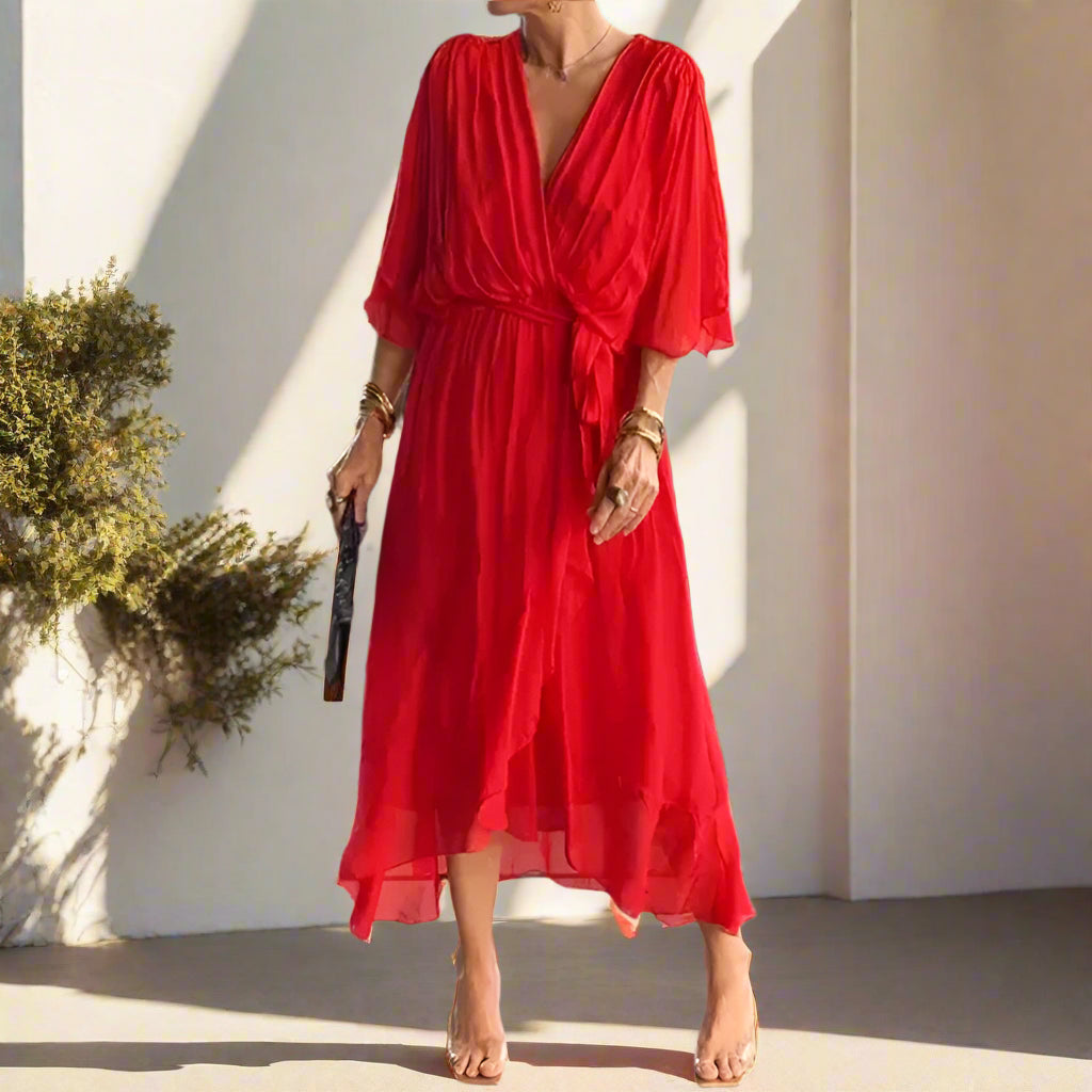 Iman's Irregular, Loose, Stylish, Trendy, V-Neck, Fluffy, Half Sleeves, Midi Dress