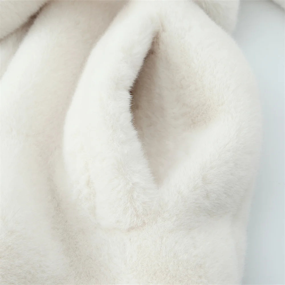 Linda's White, Faux Fur, Trendy, Stylish, Elegant, Long, Warm, Single breasted, Belted Coat