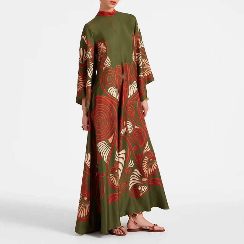 Ellen's Loose Printed Maxi Dress with flare long sleeves