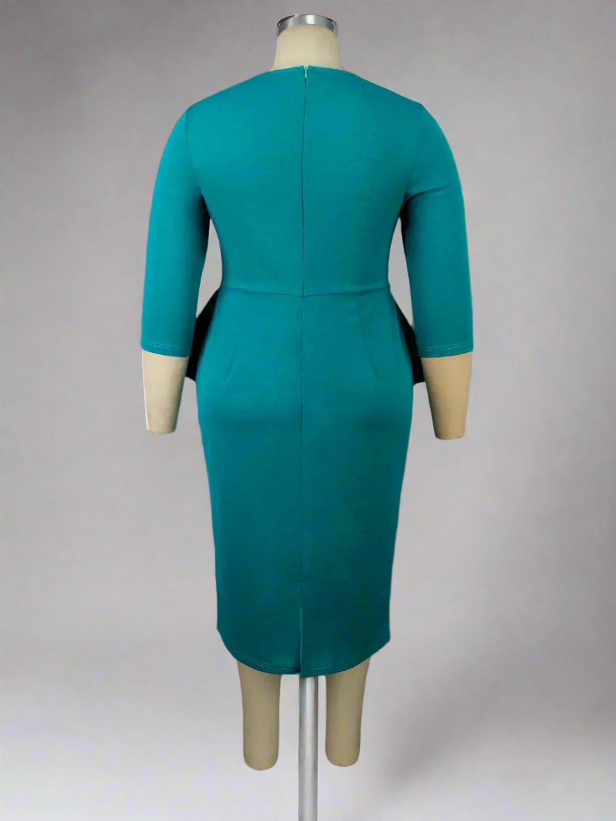 Dina's Blue Green, H-Line, Stylish, Trendy, Office Style, Plus Sizes, Midi, Knee Dress