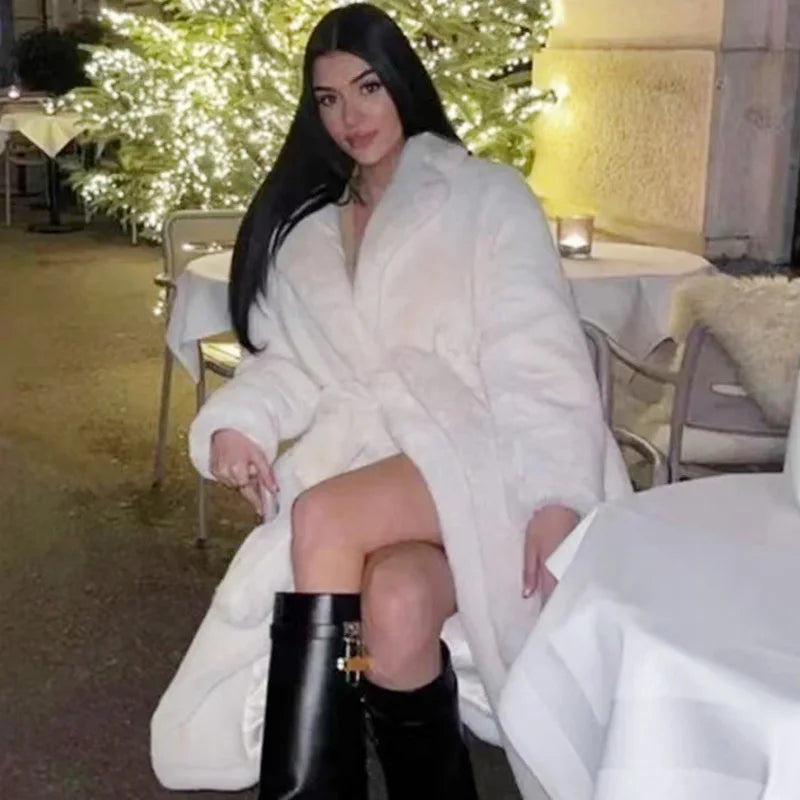 Linda's White, Faux Fur, Trendy, Stylish, Elegant, Long, Warm, Single breasted, Belted Coat