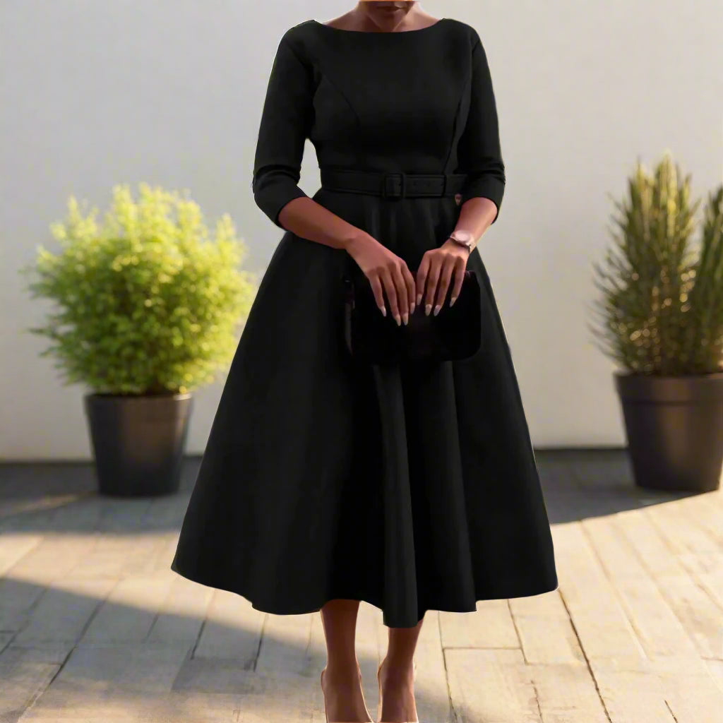Deborah's Stylish, Formal, Trendy, A-Line, Classy, Sleeves, Belted, Midi, Office Dress