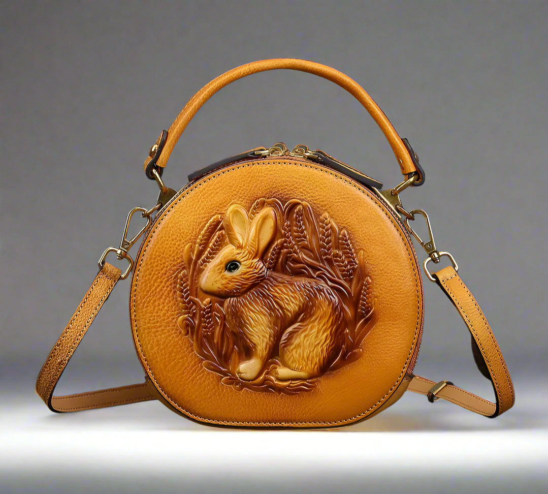 Karma's Genuine Leather, Round Shape, Vintage, Stylish, Retro, Rabbit Embossed, Shoulder Bag