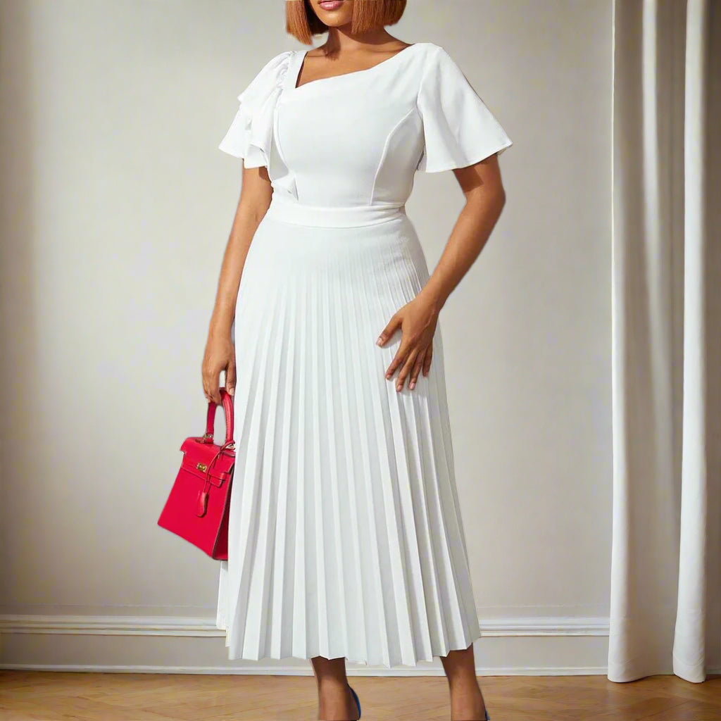Dana's Pleated, stylish, Trendy, Vintage, Ruffles, short Sleeves, Midi, Office Dress