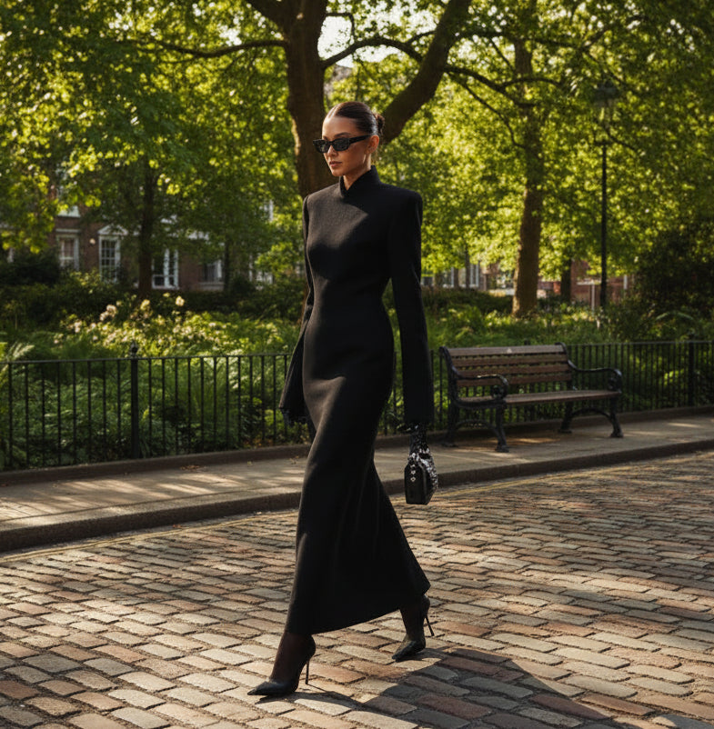 Person wearing a long black coat and sunglasses in a park