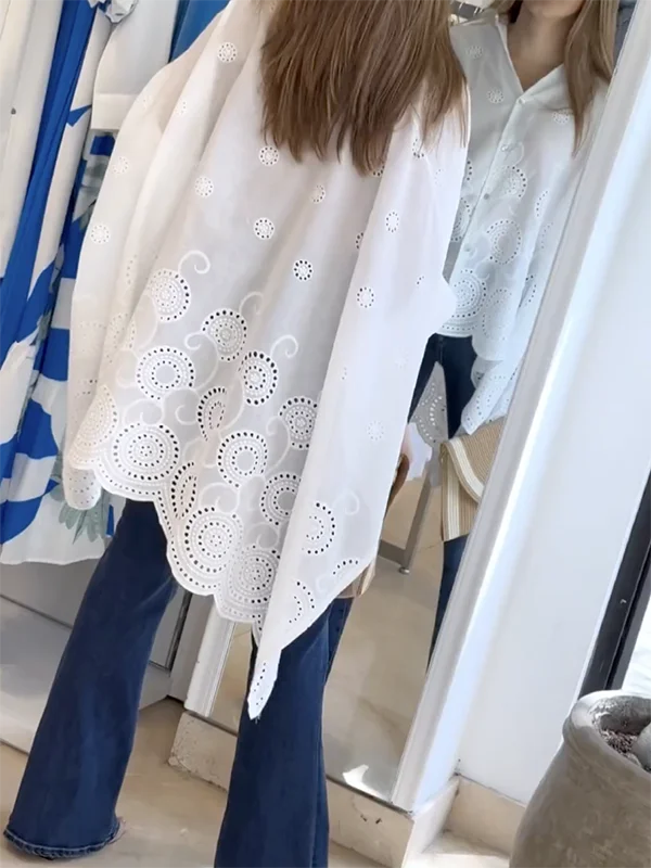 Yasmine's High-Low Hollow Out Loose Mid-sleeves Blouse