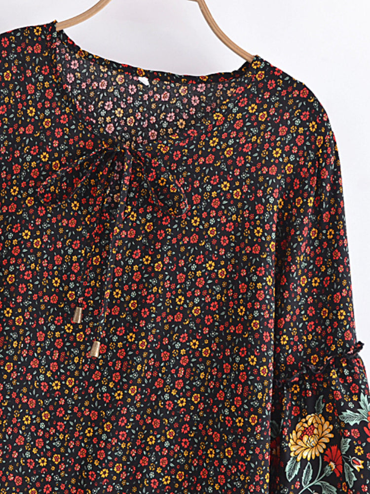 Yosra's  Hippie, Vintage, Stylish, Trendy, Loose, Floral, Ruffles, Print, Floral, Bohemian, Mini Dress