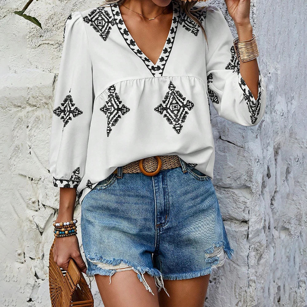 Emmy's Loose, Casual, Trendy, Stylish, Boho, Pullover, Printed Blouse