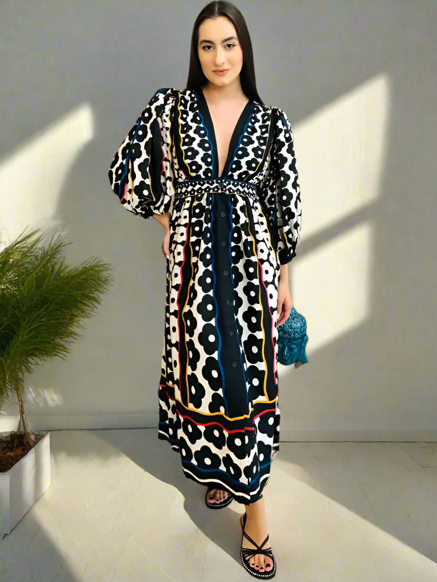 Carmen's Boho, Printed, Deep V-Neck, Long Sleeves, Summer, Stylish, Trendy, Long Dress