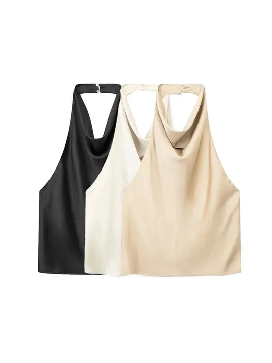 Hellen's Halter Backless Satin Tank-Top