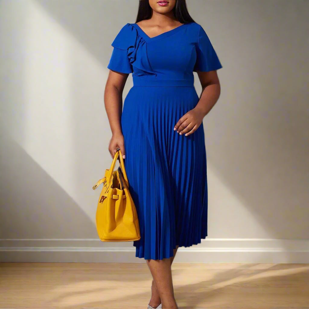 Dana's Pleated, stylish, Trendy, Vintage, Ruffles, short Sleeves, Midi, Office Dress