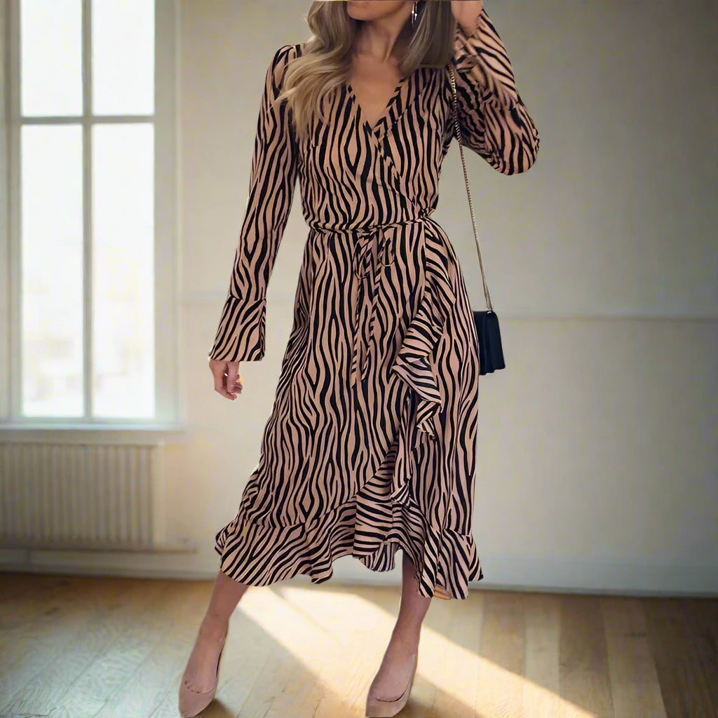 Zoe's Elegant, Zebra Print, Long Petal Sleeves, Trendy, Elegant, Stylish, Ruffles, Cross Pullover, Midi Dress
