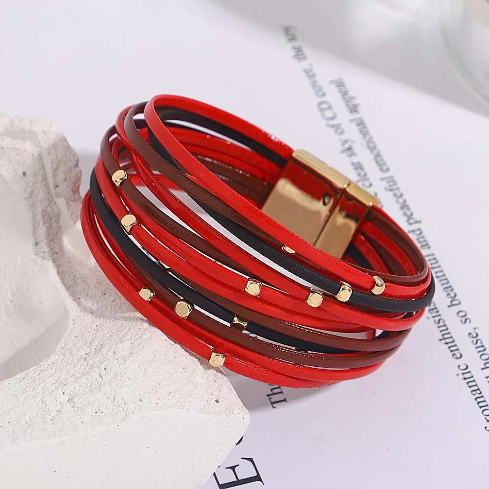 Tanya's Triple Color Leather Bohemian Metal Beads Multilayer Thin Strip Wrap Bracelets