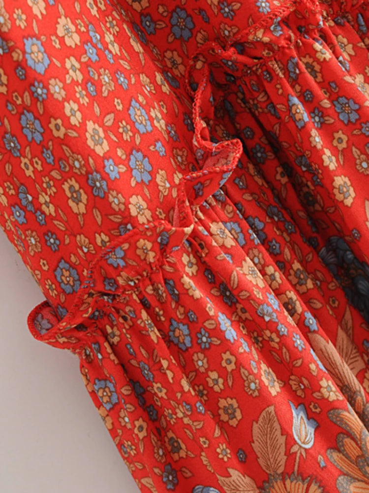 Yosra's  Hippie, Vintage, Stylish, Trendy, Loose, Floral, Ruffles, Print, Floral, Bohemian, Mini Dress