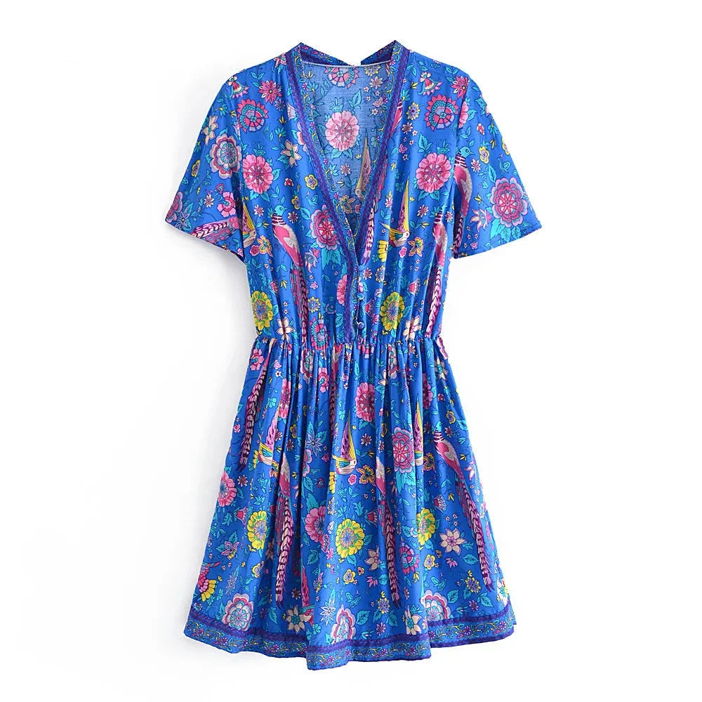 Jilan's Boho casual Short Sleeves mini elastic waist dress