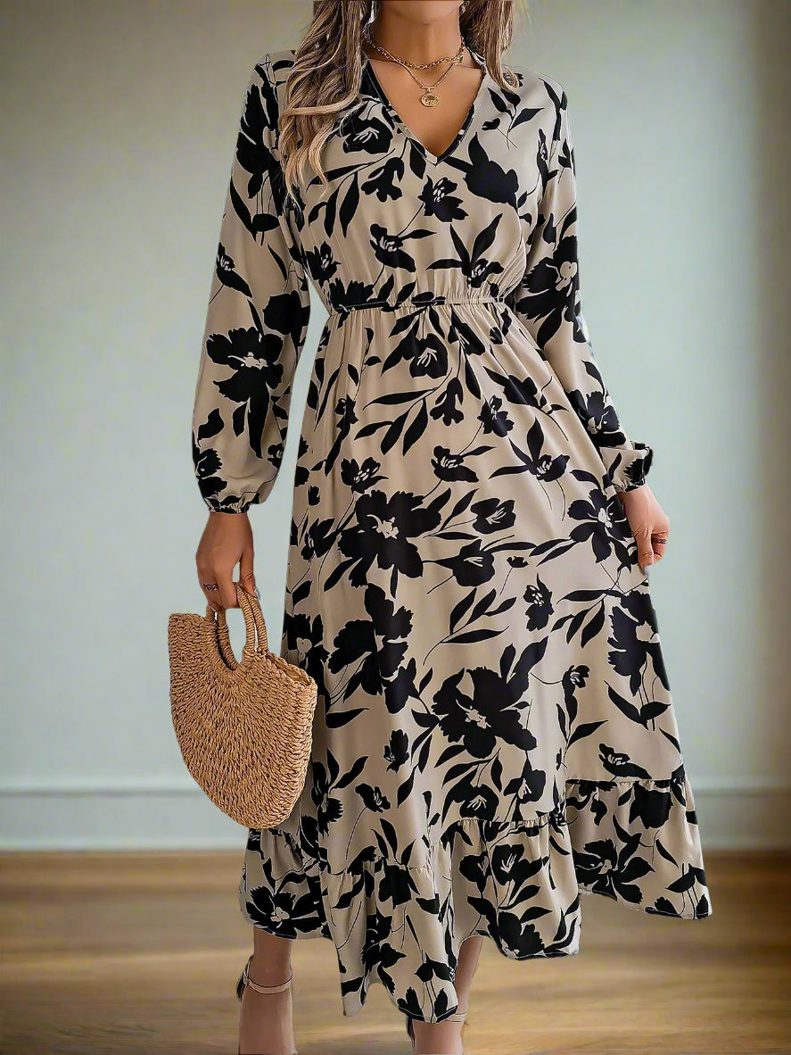 Vienna's Floral Print, Trendy, Stylish, Vintage, Elastic Waist, Long Sleeves, Pullover, Robe, Midi Long Dress