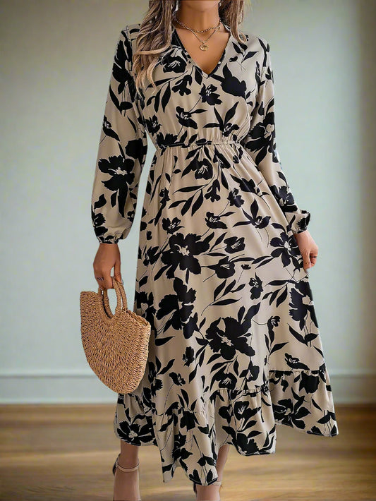 Vienna's Floral Print, Trendy, Stylish, Vintage, Elastic Waist, Long Sleeves, Pullover, Robe, Midi Long Dress