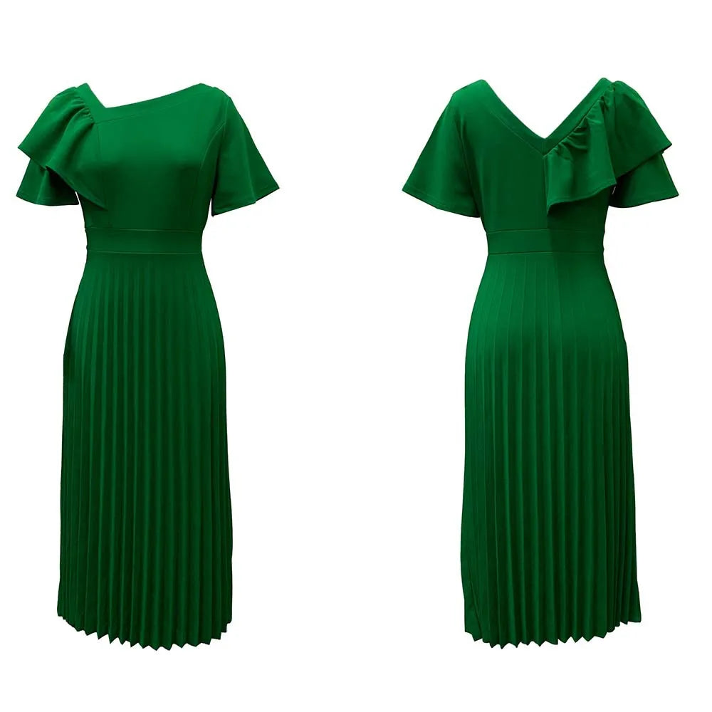 Dana's Pleated, stylish, Trendy, Vintage, Ruffles, short Sleeves, Midi, Office Dress