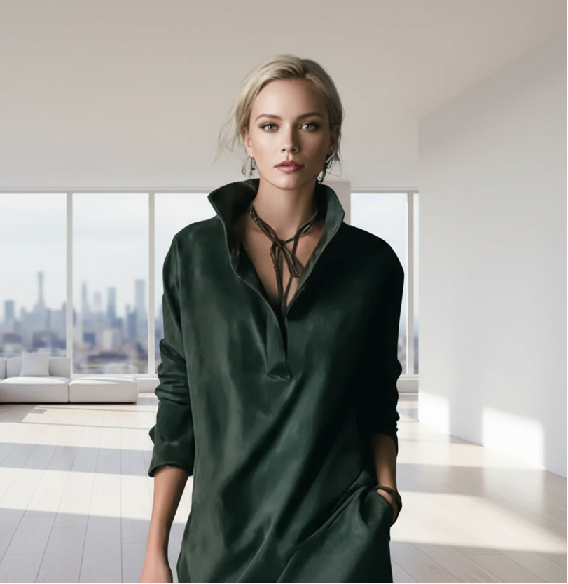 Person wearing a dark green dress with a plain background