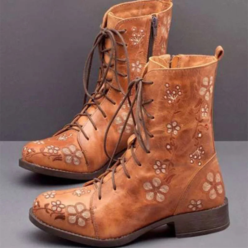 Alice's Boho Boots Lace Up floral -Pu Quality Leather