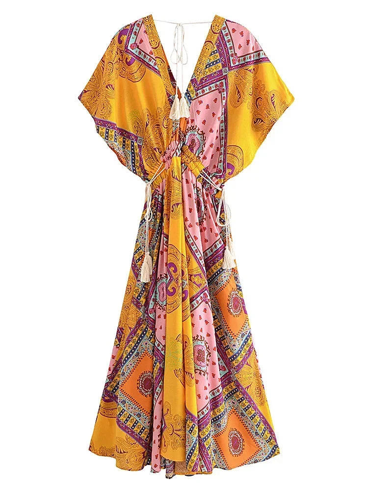 Alice's Vintage, Floral, Print, Batwing sleeves, stylish, Trendy, Boho, Maxi Bohemian Dress