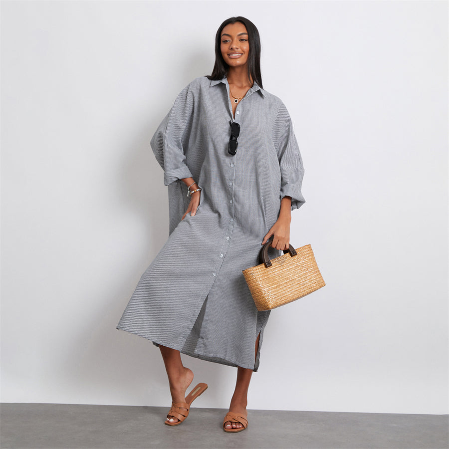 Rosa's Baggy, Loose, Striped, Trendy, Stylish, Boho, Vintage, Long Sleeves, Long Shirt Dress