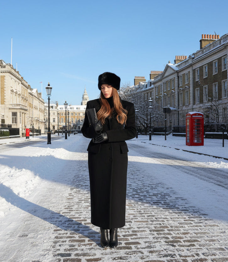 Woman in black coat and hat standing in the snow holding a black clutch.