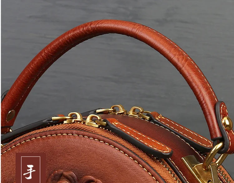 Karma's Genuine Leather, Round Shape, Vintage, Stylish, Retro, Rabbit Embossed, Shoulder Bag