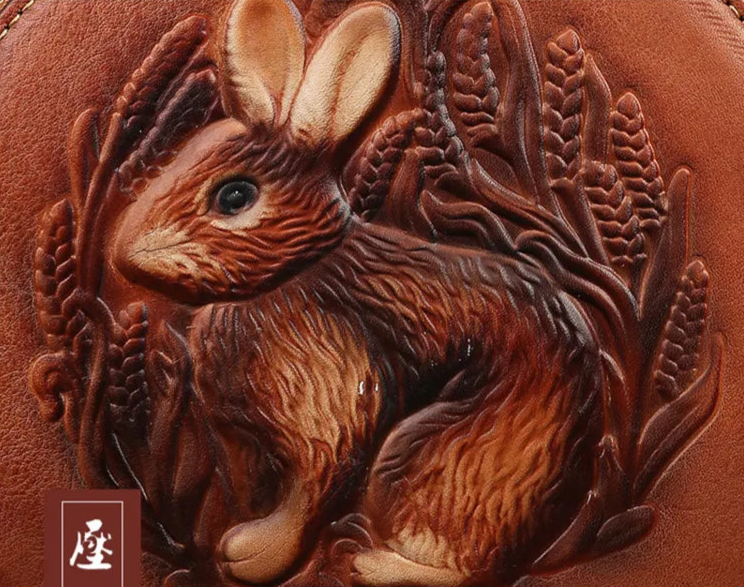 Karma's Genuine Leather, Round Shape, Vintage, Stylish, Retro, Rabbit Embossed, Shoulder Bag