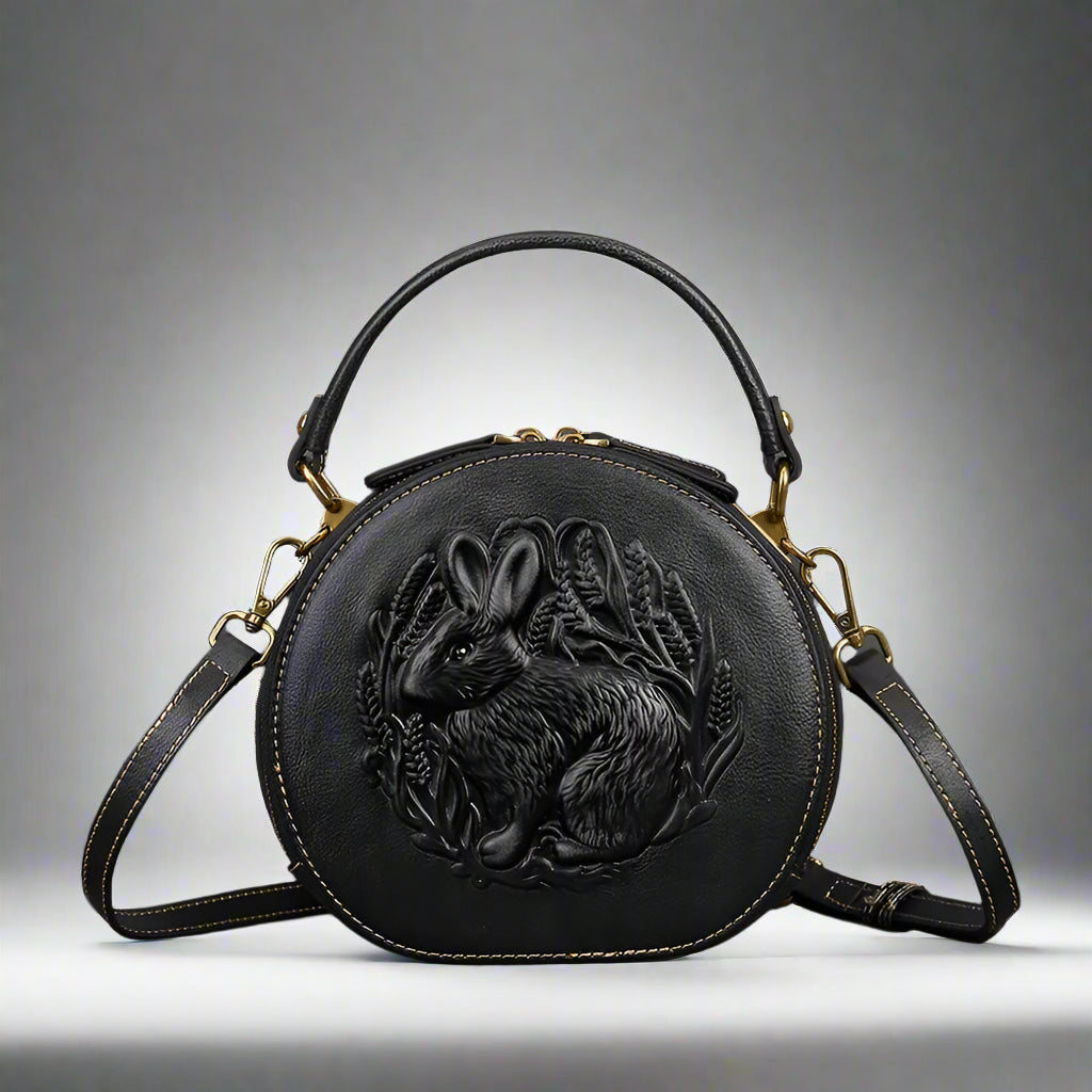 Karma's Genuine Leather, Round Shape, Vintage, Stylish, Retro, Rabbit Embossed, Shoulder Bag