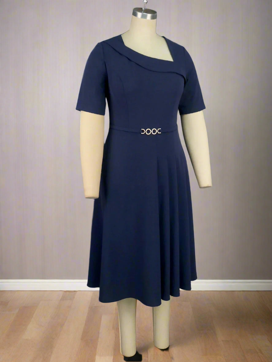 Marwa's Navy Blue, Stylish, Trendy, Office Style, Pleated, Asymmetric Neck, Half sleeves, Midi Dress