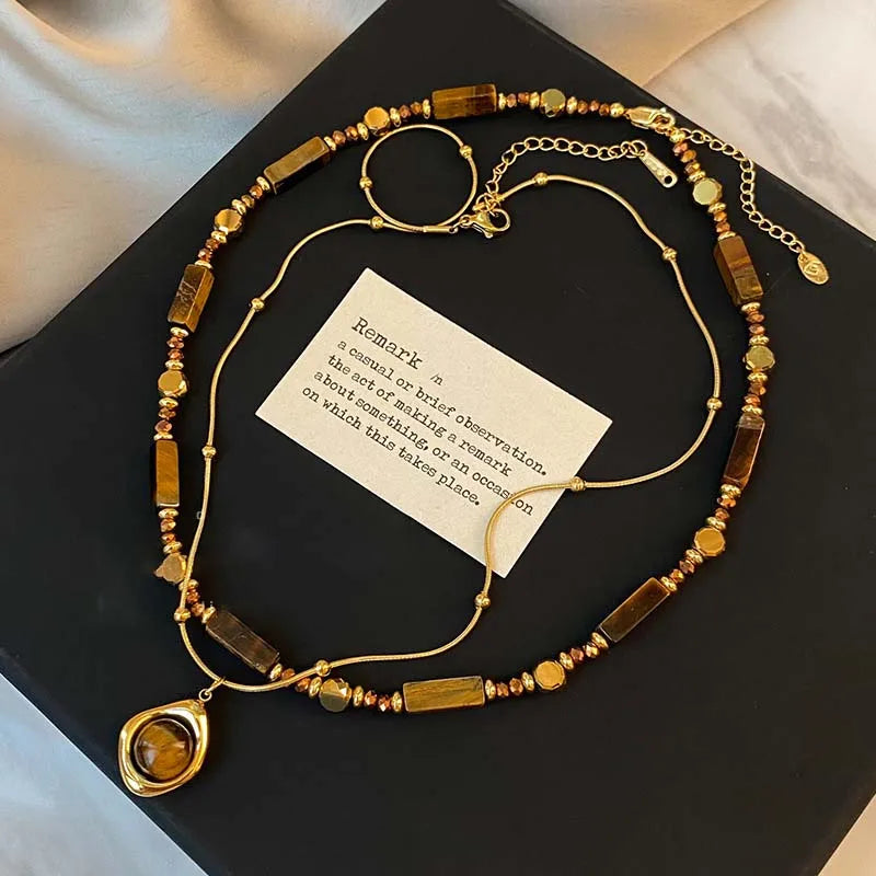 Elinor's Temperament Layered, ELegant, Trendy, Retro, Vintage, Tiger Eye Stone, Pendant Necklace