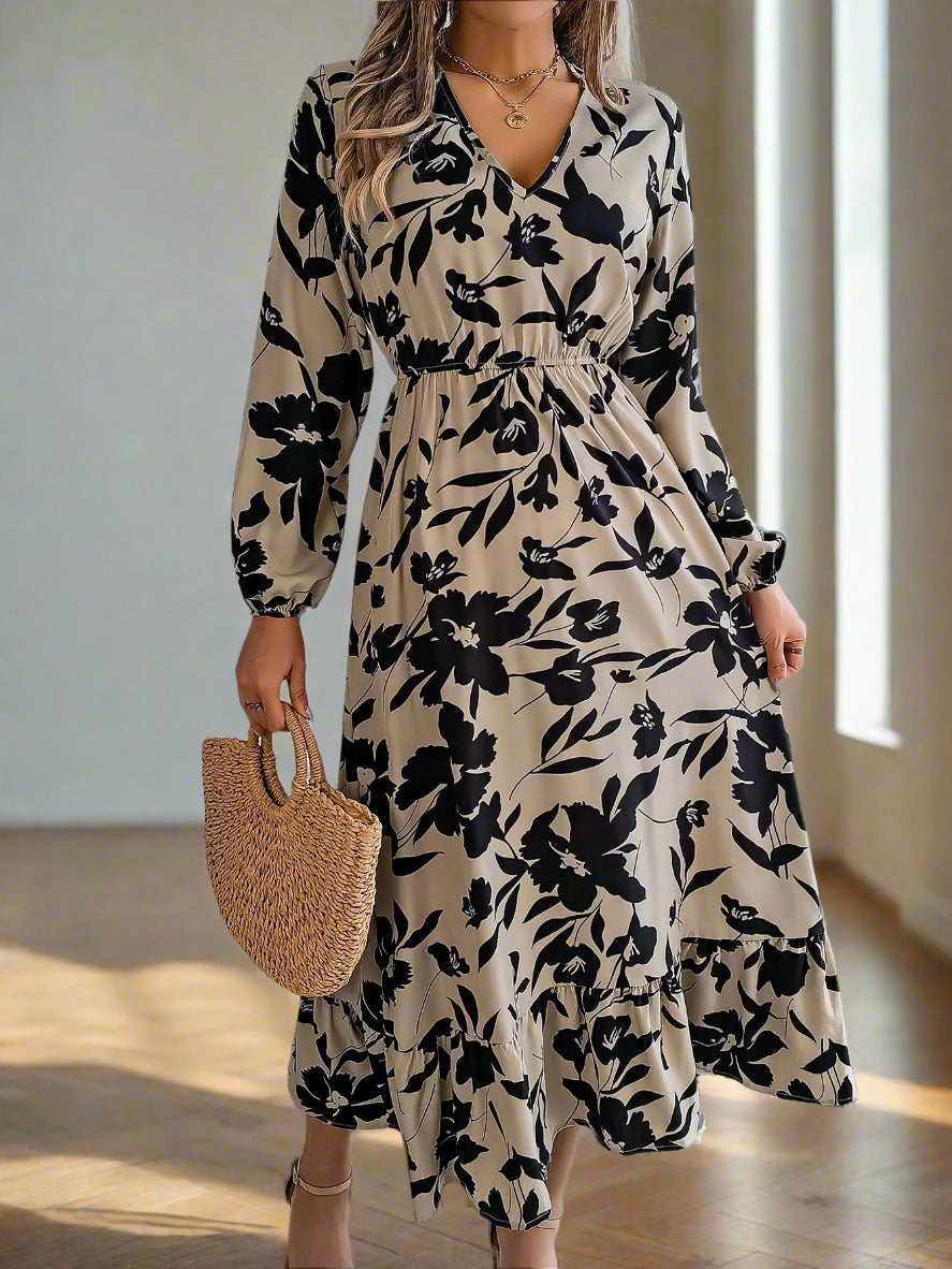Vienna's Floral Print, Trendy, Stylish, Vintage, Elastic Waist, Long Sleeves, Pullover, Robe, Midi Long Dress