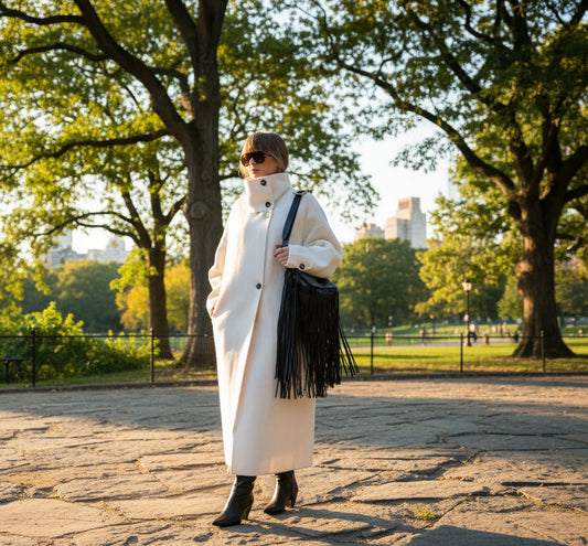 Person wearing a white coat with a black fringed bag at central park