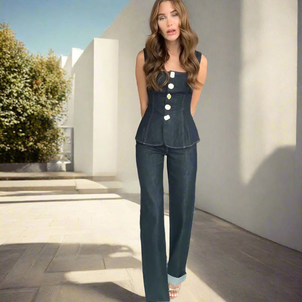 Noha's Denim, Stylish, Trendy, Fashionable, Sleeveless, Single Breasted, High Waist, Outfit Set
