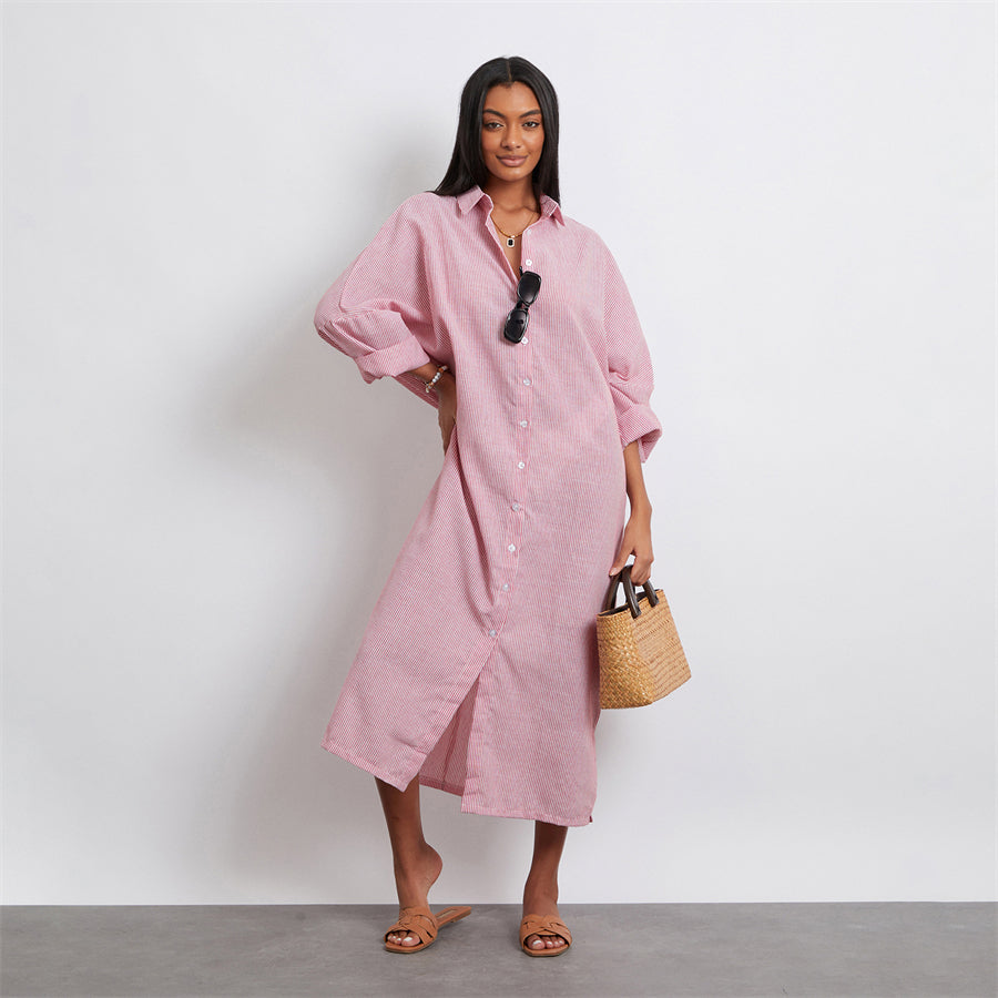 Rosa's Baggy, Loose, Striped, Trendy, Stylish, Boho, Vintage, Long Sleeves, Long Shirt Dress