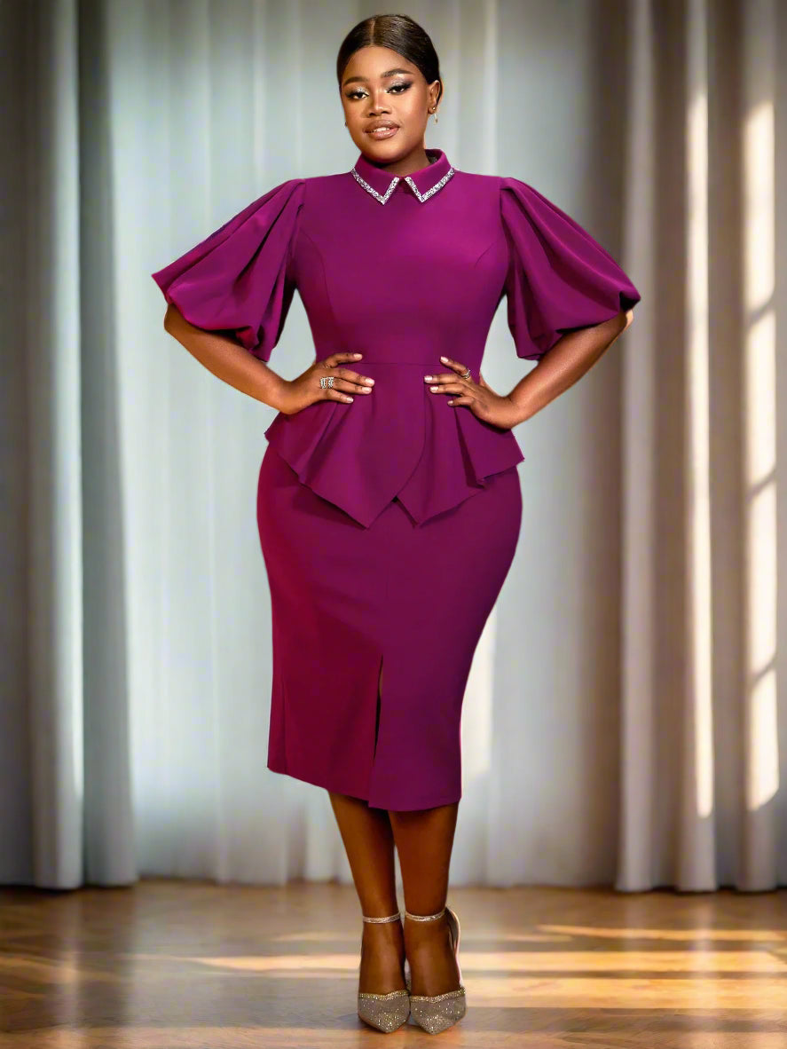 Dalia's Purple, Trendy, Stylish, Sheath, Ruffles, Puffy Sleeves, OfficeStyle, Midi Dress