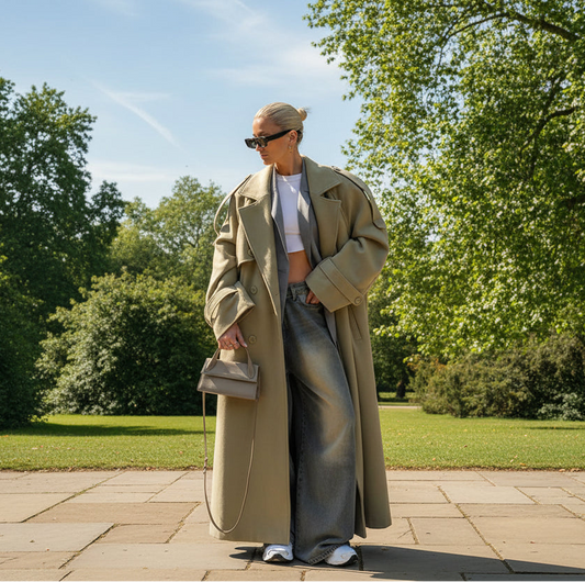 Person wearing a long olive green coat and sunglasses, standing against open park