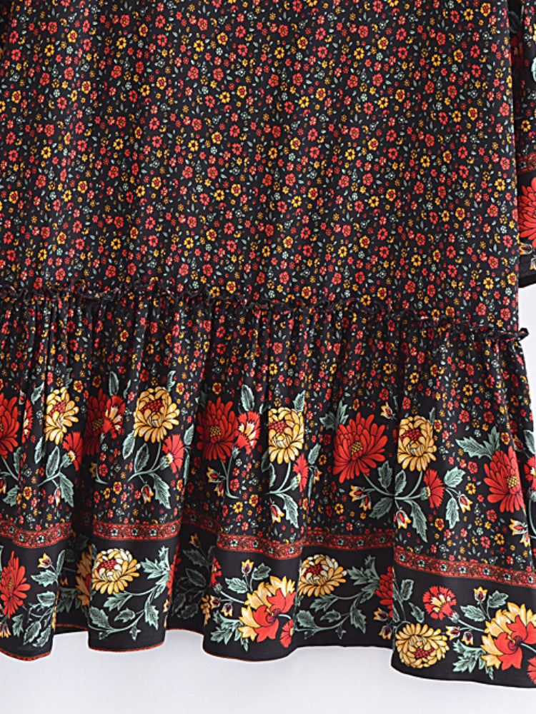 Yosra's  Hippie, Vintage, Stylish, Trendy, Loose, Floral, Ruffles, Print, Floral, Bohemian, Mini Dress