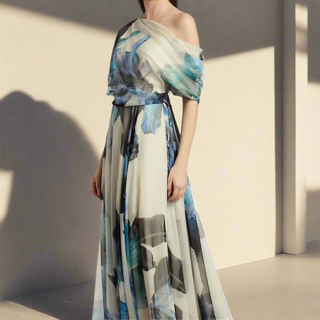 Hailey's Flory, Off-Shoulder, Trendy, Stylish, Evening, Asymmetric, Maxi Dress