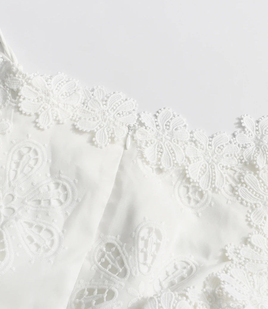 Close-up of a white lace garment on a light gray background