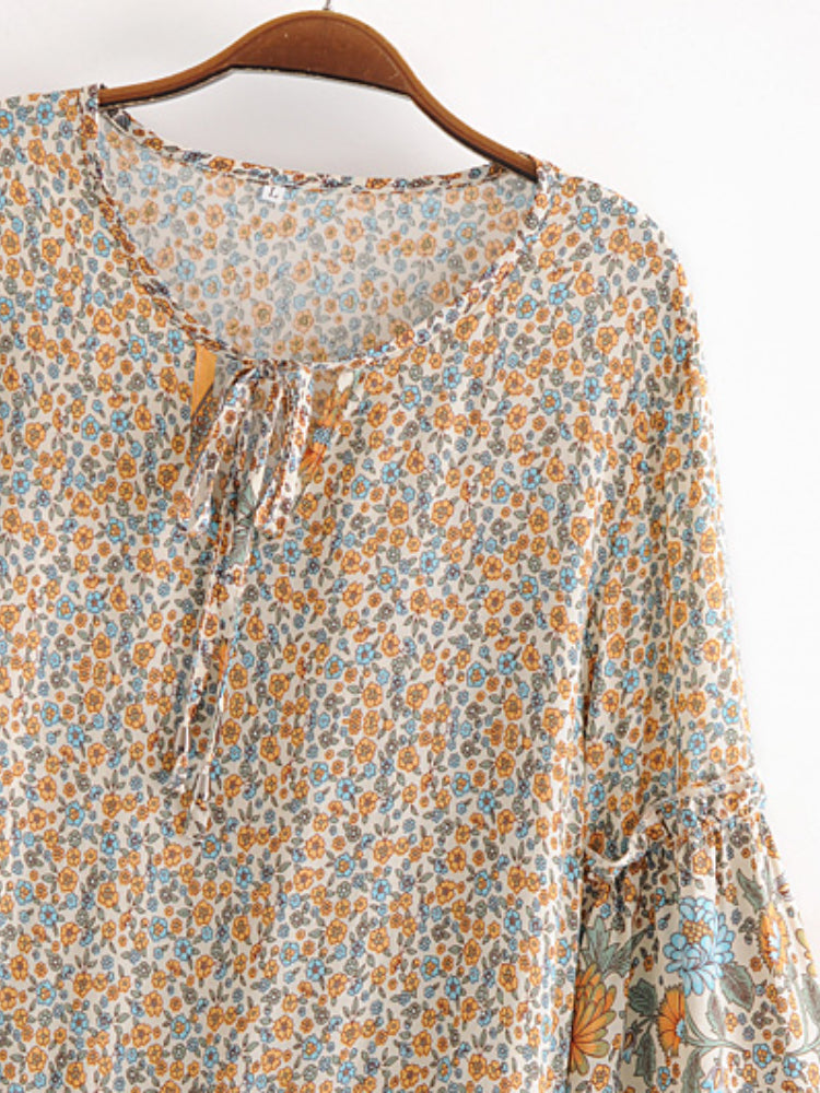 Yosra's  Hippie, Vintage, Stylish, Trendy, Loose, Floral, Ruffles, Print, Floral, Bohemian, Mini Dress